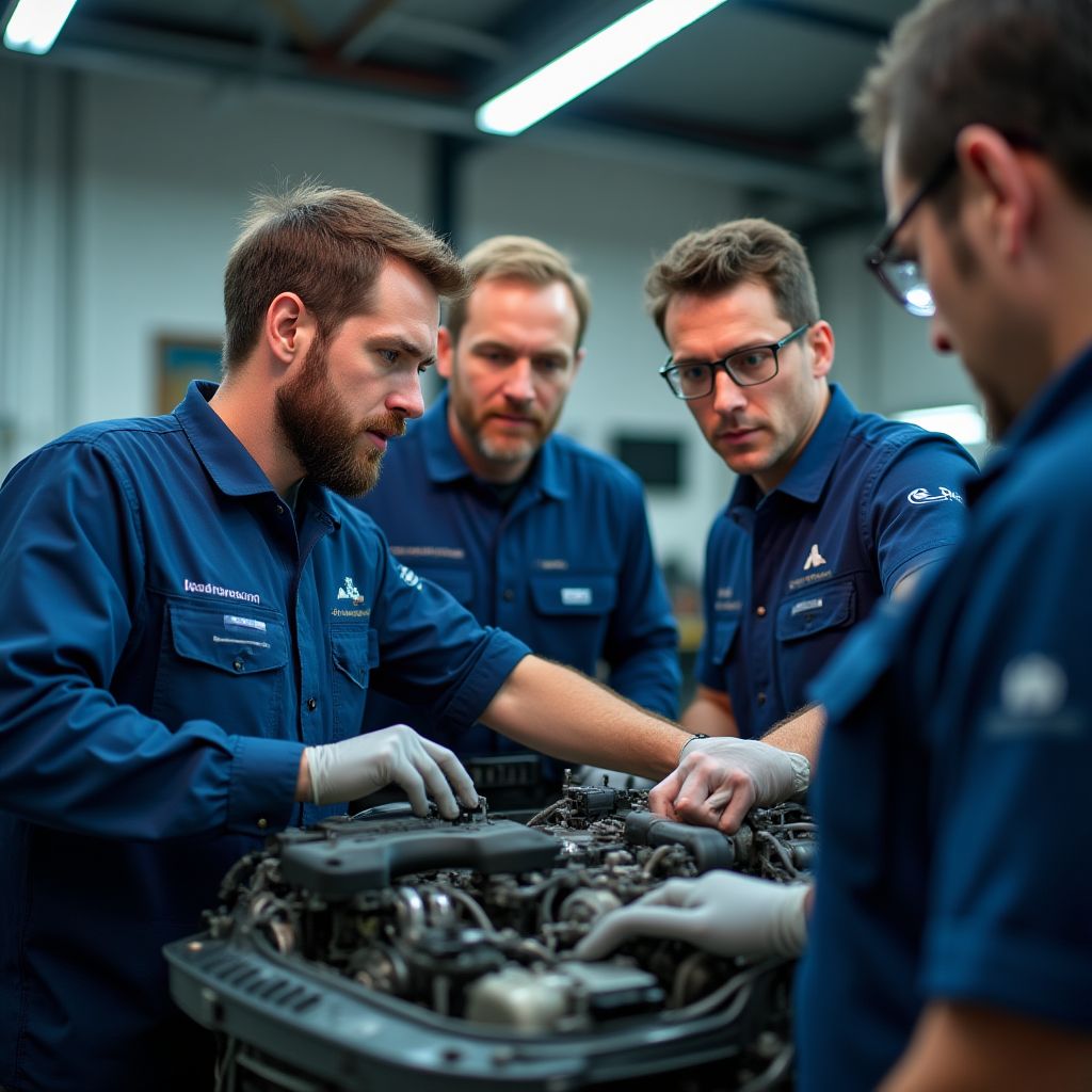 Tým mechaniků při práci na složité diagnostice vozidla