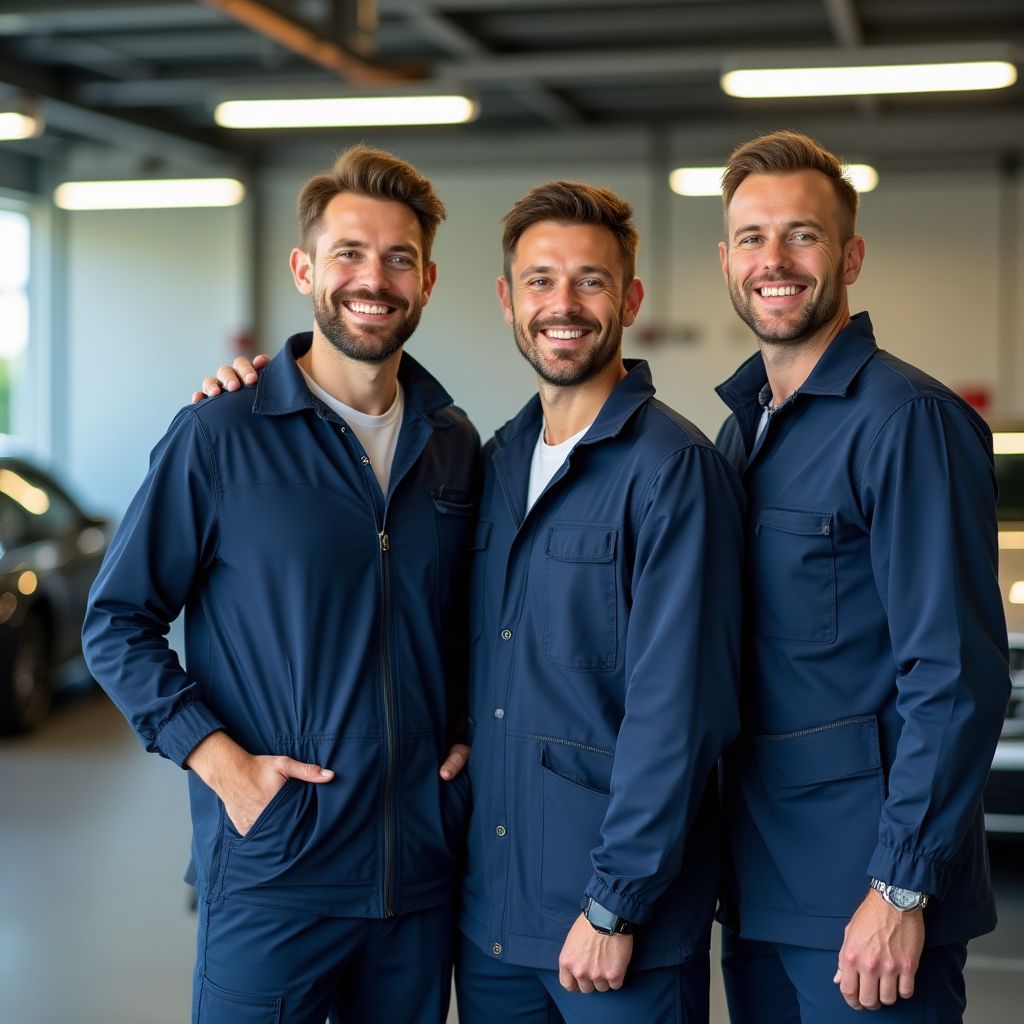 Šťastný tým automechaniků pracujících společně v moderní dílně