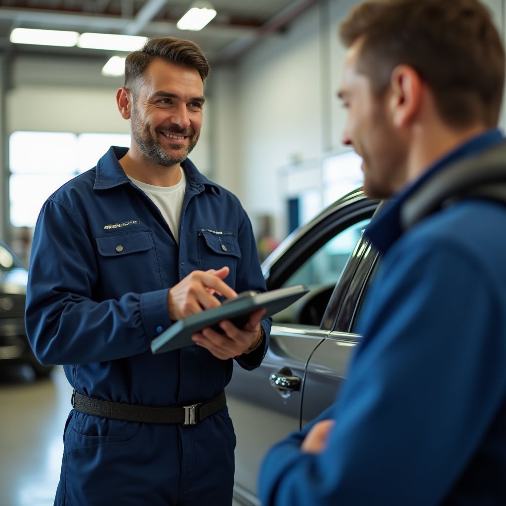 Profesionální mechanik vysvětluje opravy zákazníkovi